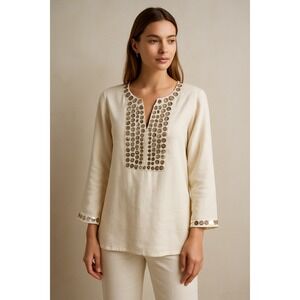 Tory Burch Linen Mirror Embellished Tunic Top 4 Cream Resort Chic Boho Lux Lined